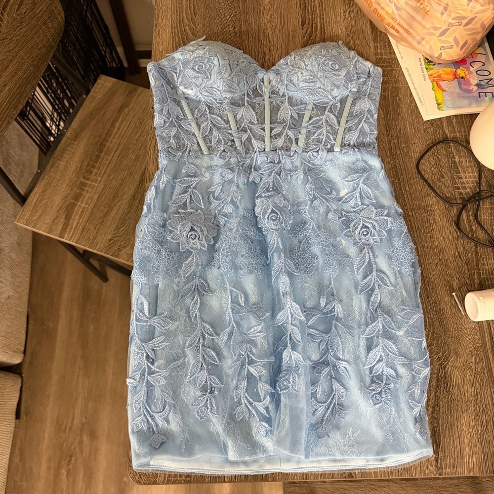 Kiss Strapless Dress in Light Blue Lace